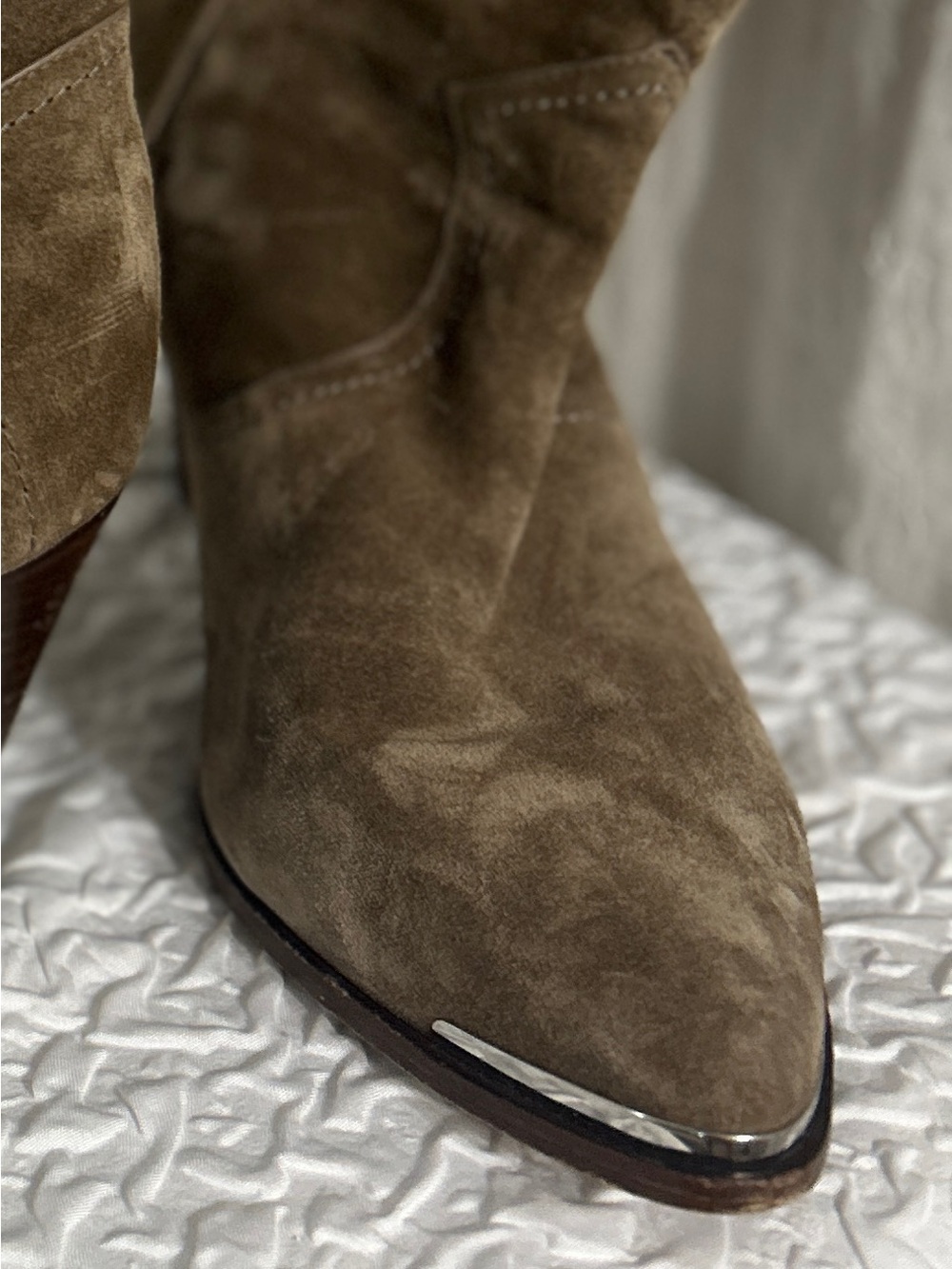 Veronica Beard Olive Taupe Suede Pointed Toe Ankle Boots